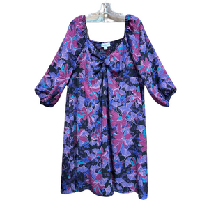 Additionelle abstract floral puff sleeve dress 2X  Midi black purple blue